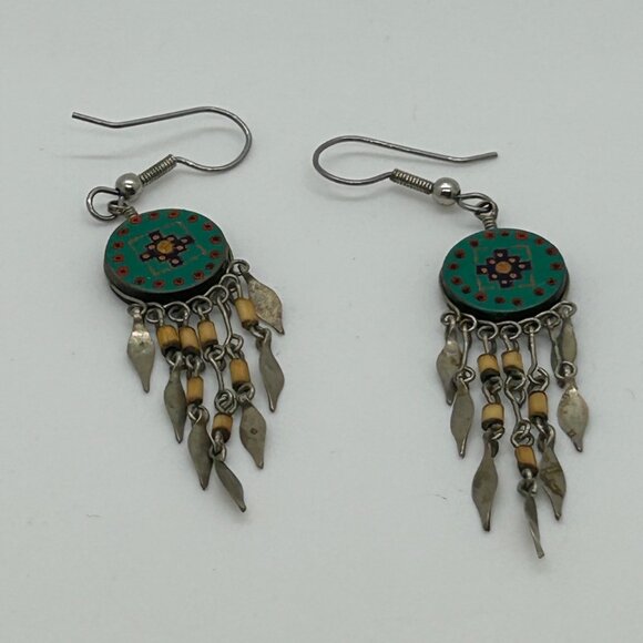 Vintage Southwestern Dangle Earrings Hand Painted Tribal Boho Geometric Fringe - Picture 2 of 13